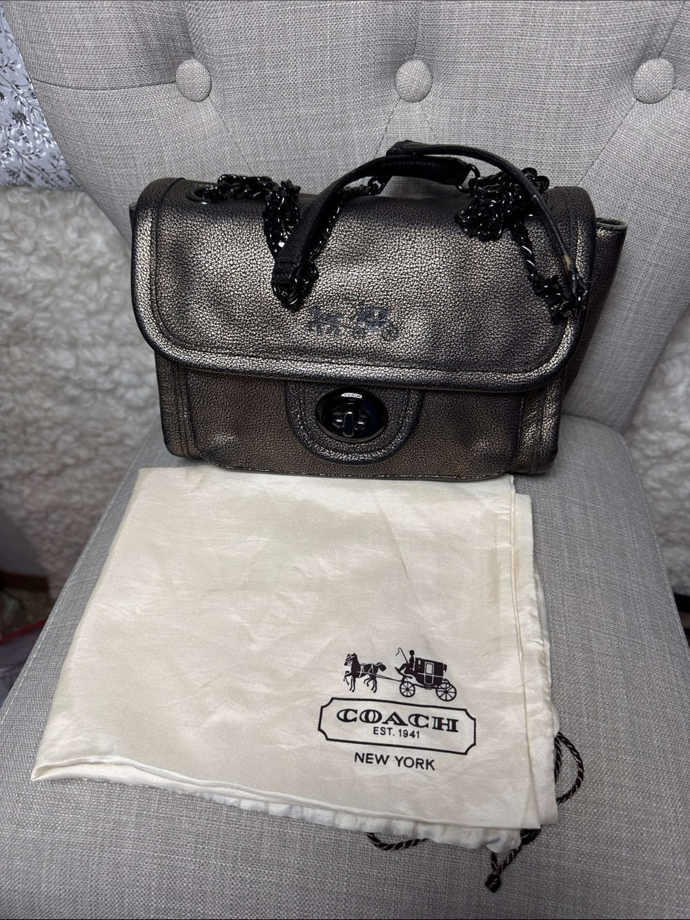 Coach Metallic Pewter Leather Turnlock Shoulder Satchel